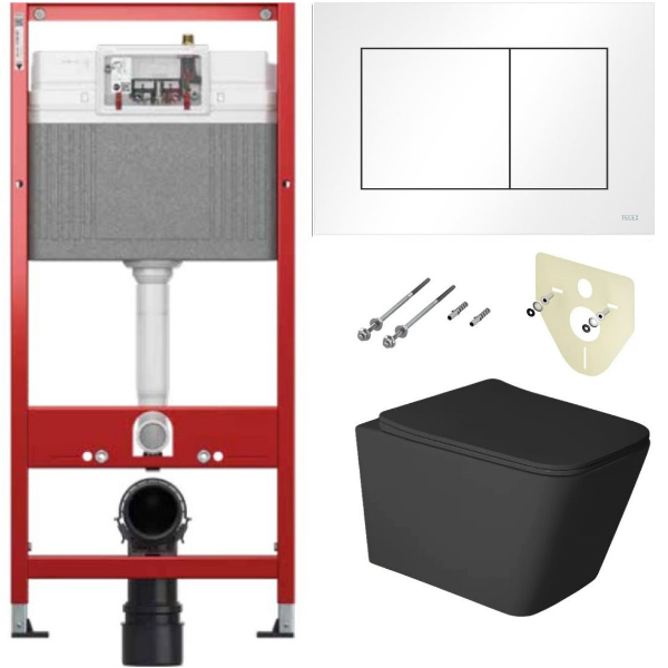 Комплект 6 в 1: инсталляция TECEbase kit 9400413 с белой кнопкой и подвесным унитазом Amore di Mare Tassaro Tornado P202MB-T